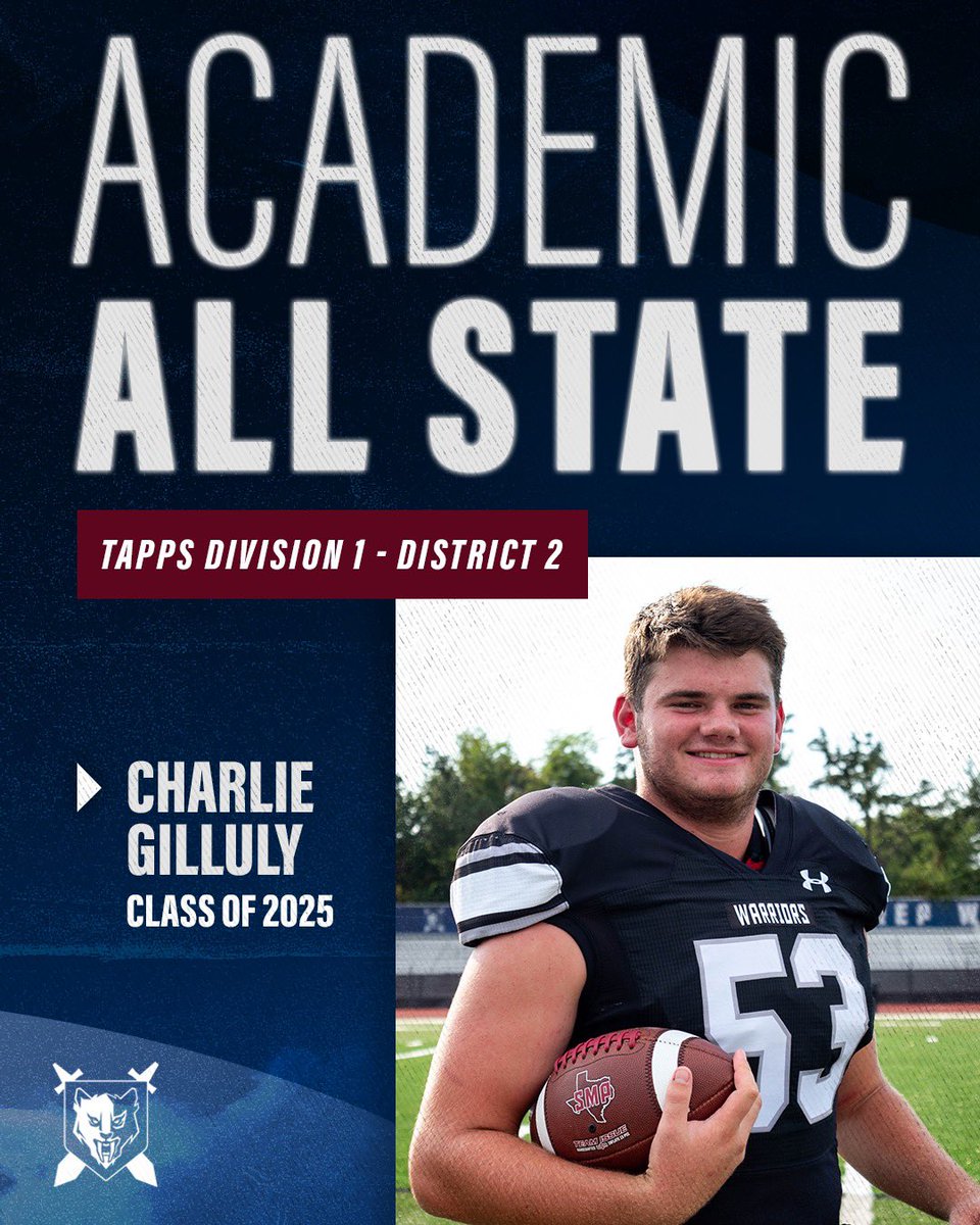 Congratulations to Charlie Gilluly for being awarded TAPPS Division 1 Academic All-State! #SMPFootball #TEAC