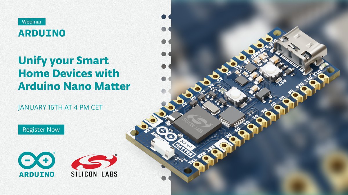 arduino's tweet image. Join us for an exciting webinar on January 16th, as we explore the potential of the Arduino Nano Matter. We’re thrilled to host expert guests from @SiliconLabs and Pervasive Display, who will share their insights and expertise on Matter-enabled solutions: youtube.com/live/BivDucNnu…