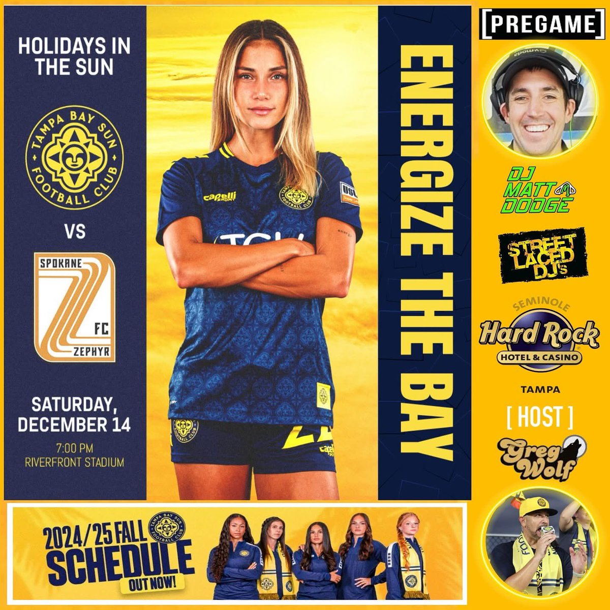 GregWolfTBL's tweet photo. Rise &amp; Grind, #Sunchasers☀️! 
It’s #MatchDay as our @TampaBaySunFC battle @spokanezephyrfc at 7p! Holiday Themed game with Ugly Sweater contest, @ShopTBSports with NEW holiday gear, @StreetLacedDJs @DJMadLinx powered by @SHRTampa! Let’s FINISH strong! #GoSunGo @SportsTampaBay https://t.co/aPUAfOi7ge