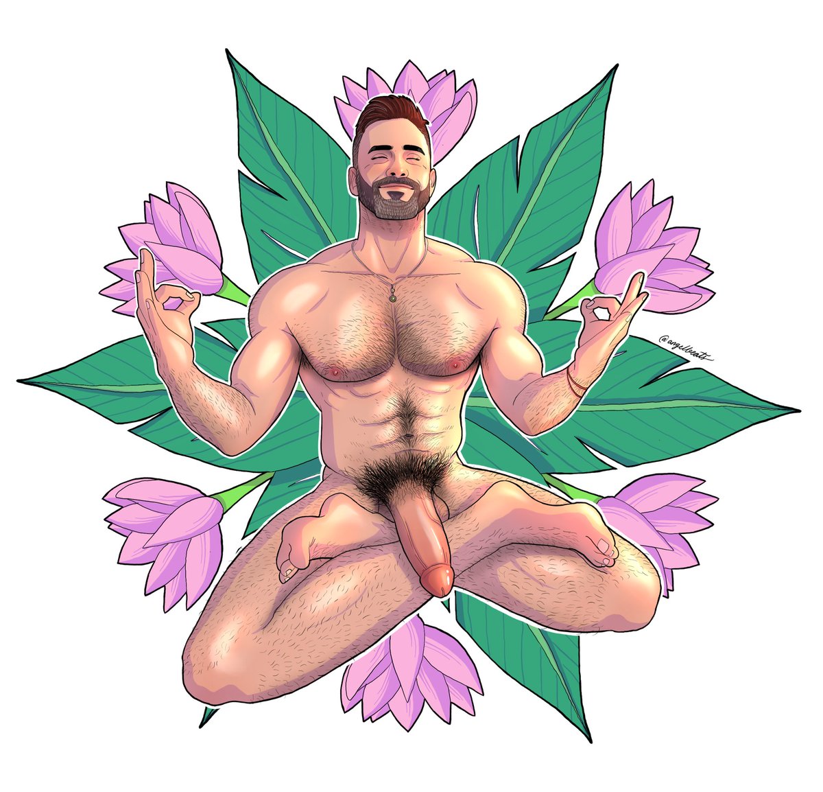 Leaves &amp; Lotuses 🪷. Illustration of <a href="/KaeEcstatic/">Nude Spirit | SPRING SALE 🌷🌷</a> #Peace
 #lotus #musclesandbrains #muscle #bara #illustration #mandala #gayart #hairymuscles #mindwave