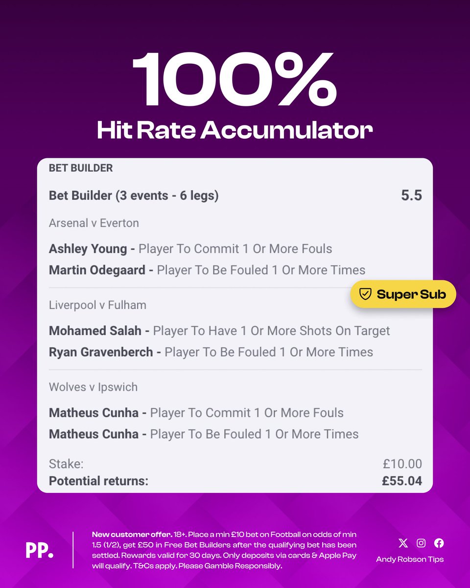 AndyRobsonTips's tweet photo. 💯 100% Hit Rate Accumulator 

All landed in the last five league games.

Load it here: https://t.co/uFS5VXXxXC

I'd join Paddy Power to back it so you're covered by Super Sub.

Join here: https://t.co/0fUJikt4CI

🎁 Bet £10 &amp; get £50 in Free Bets too.

18+, T&amp;Cs Apply. Ad. https://t.co/FP2AQjcRr8