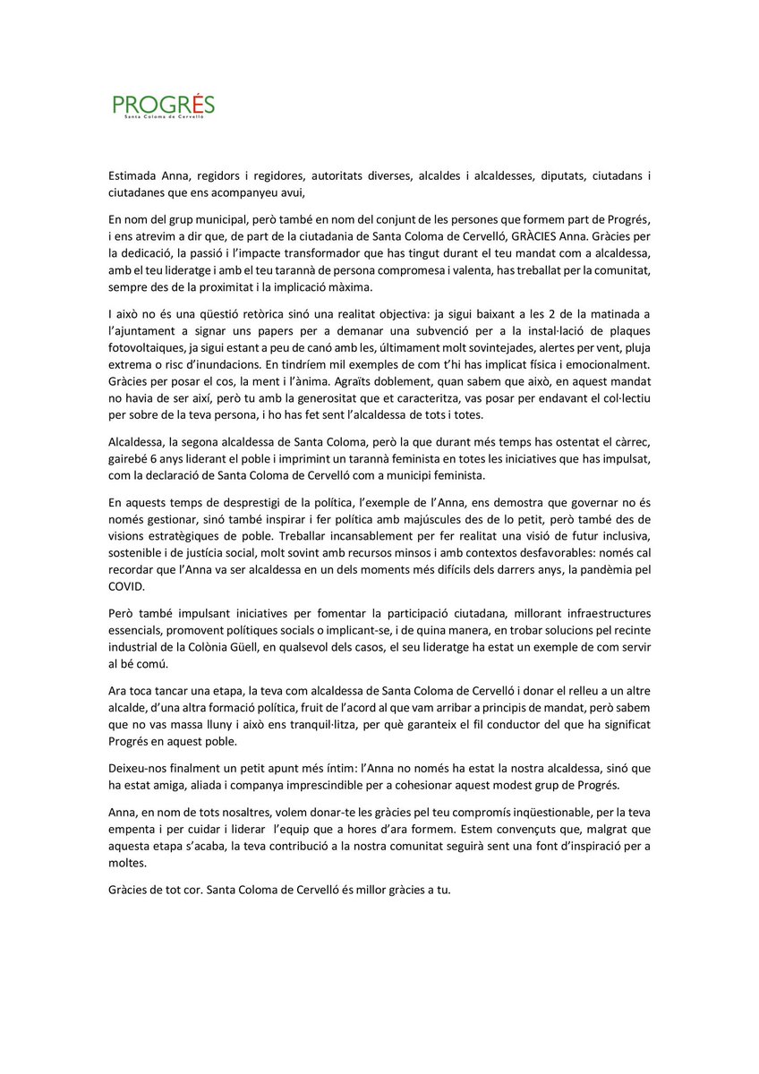 Intervenció del grup municipal de Progrés, amb el reconeixament de la feina feta com alcaldessa de Sta Coloma de Cervelló d’Anna Martínez en el moment de relleu del càrrec