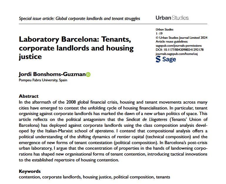Urban Studies Journal (@usj_online) on Twitter photo New special issue article by <a href="/guzman_jordi/">Jordi Guzman</a>: Laboratory Barcelona: Tenants, corporate landlords, and housing justice
ow.ly/pppK50UqG0j
#contention #HousingJustice #CorporateLandlords #PoliticalComposition New special issue article by <a href="/guzman_jordi/">Jordi Guzman</a>: Laboratory Barcelona: Tenants, corporate landlords, and housing justice
ow.ly/pppK50UqG0j
#contention #HousingJustice #CorporateLandlords #PoliticalComposition