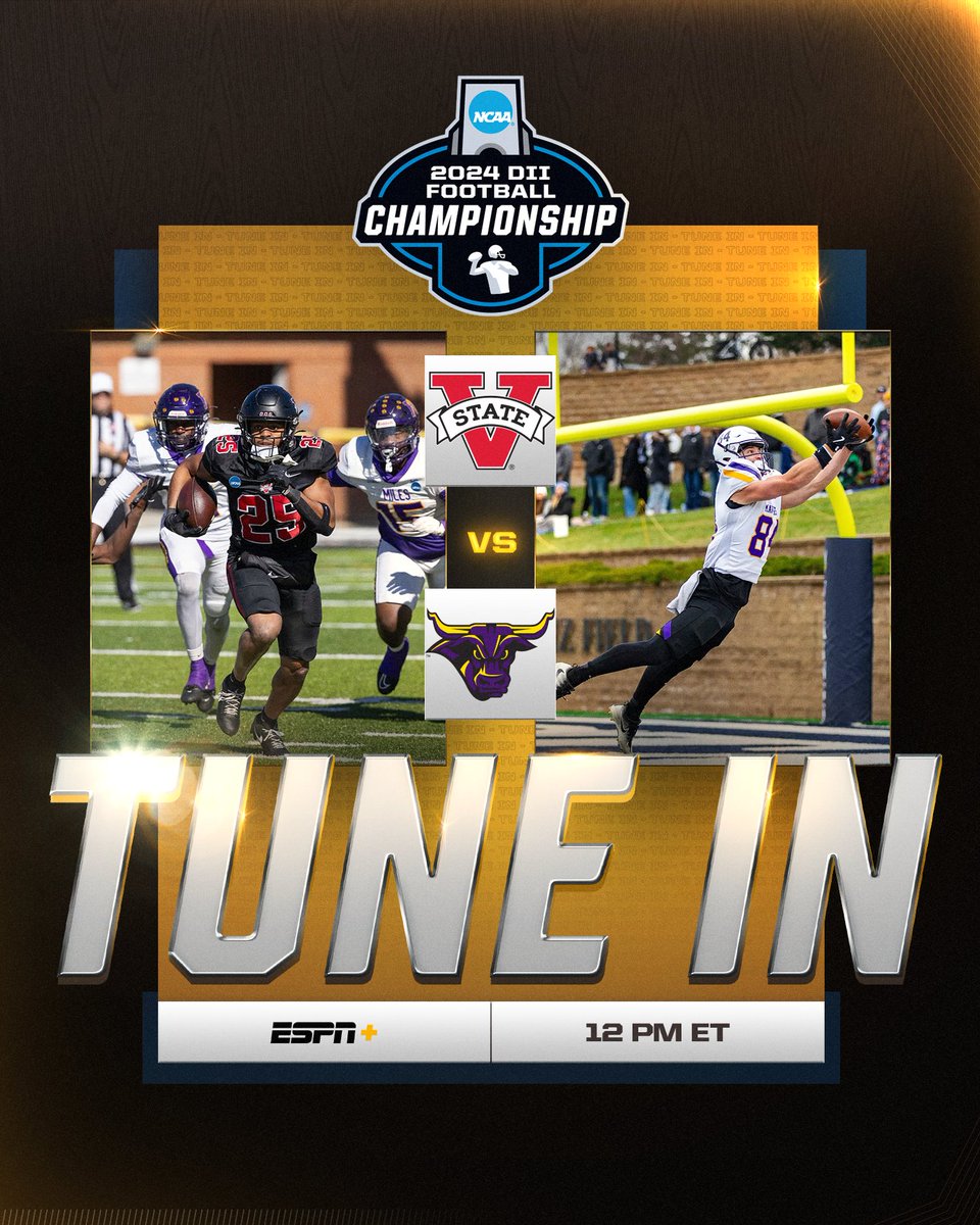 NCAA Division II (@ncaadii) on Twitter photo WAKE UP IT’S #D2FB SEMIFINAL SATURDAY‼️
⏰ Noon ET
1⃣ @ValdostaStateFB 🆚 4⃣ <a href="/MinnStFootball/">Minnesota State Football</a>
📺 ESPN+
📊 on.ncaa.com/D2FBsf1
🔗 on.ncaa.com/D2FBsp WAKE UP IT’S #D2FB SEMIFINAL SATURDAY‼️
⏰ Noon ET
1⃣ @ValdostaStateFB 🆚 4⃣ <a href="/MinnStFootball/">Minnesota State Football</a>
📺 ESPN+
📊 on.ncaa.com/D2FBsf1
🔗 on.ncaa.com/D2FBsp