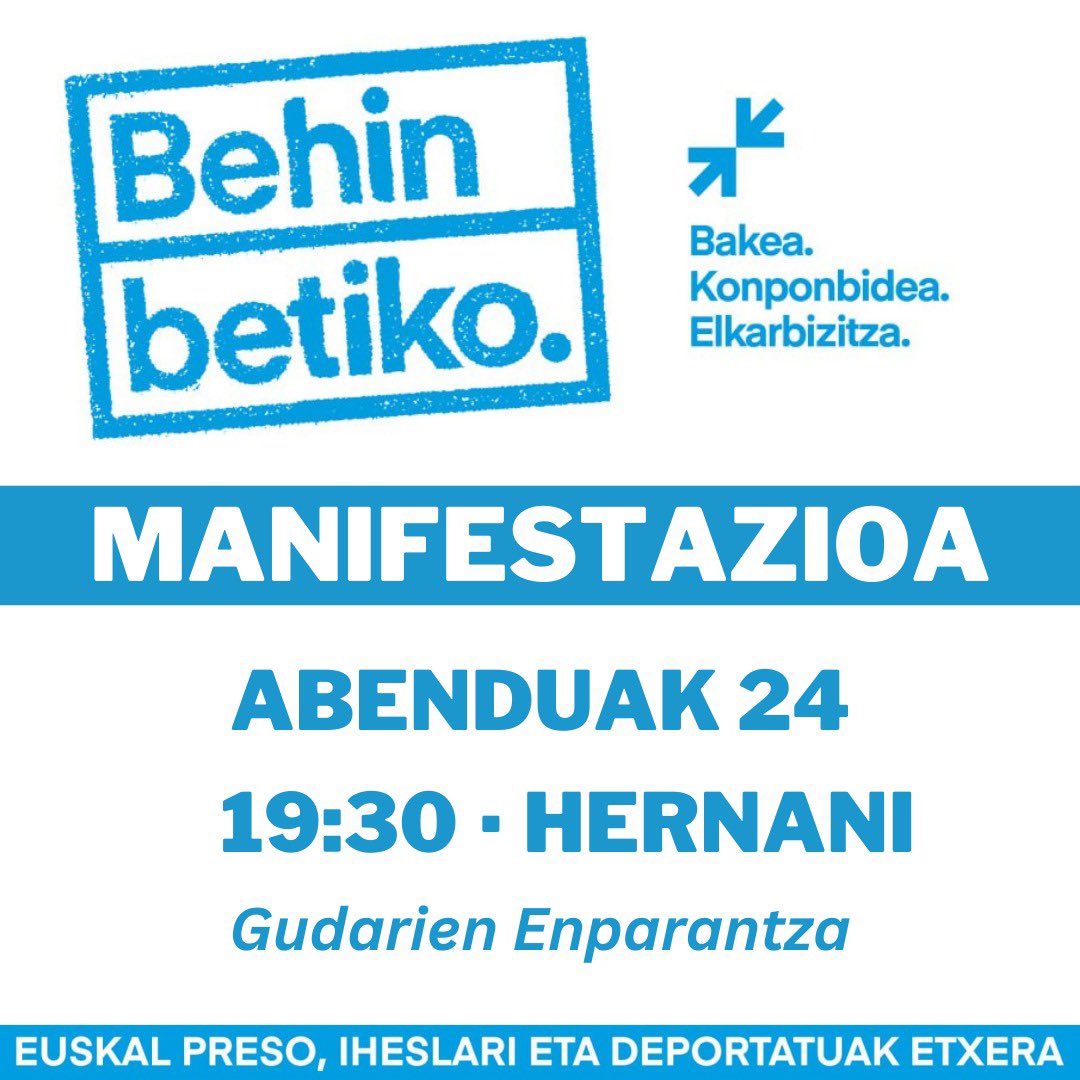 🔊 Aurten ere, abenduaren 24an, Hernaniko kaleak hartuko ditugu. 

🙌🏽 Behin betiko bakea, konponbidea eta elkarbizitza lortzeko bidean, zatoz!