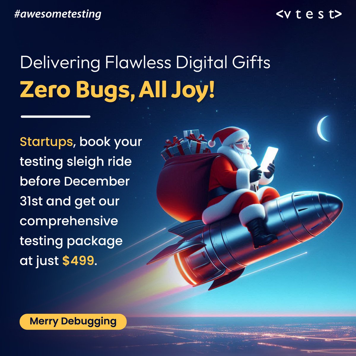 vtestcorp's tweet photo. Startups, get our comprehensive testing package for just $499, and launch flawless user experiences.
Learn more: https://t.co/ix9gR0YQJV
#christmasoffer #startups #merrychristmas #softwaretestingcompany #softwaretestingservices #qacompanies #qaservices #awesometesting #vtest https://t.co/8NciJVfkCG