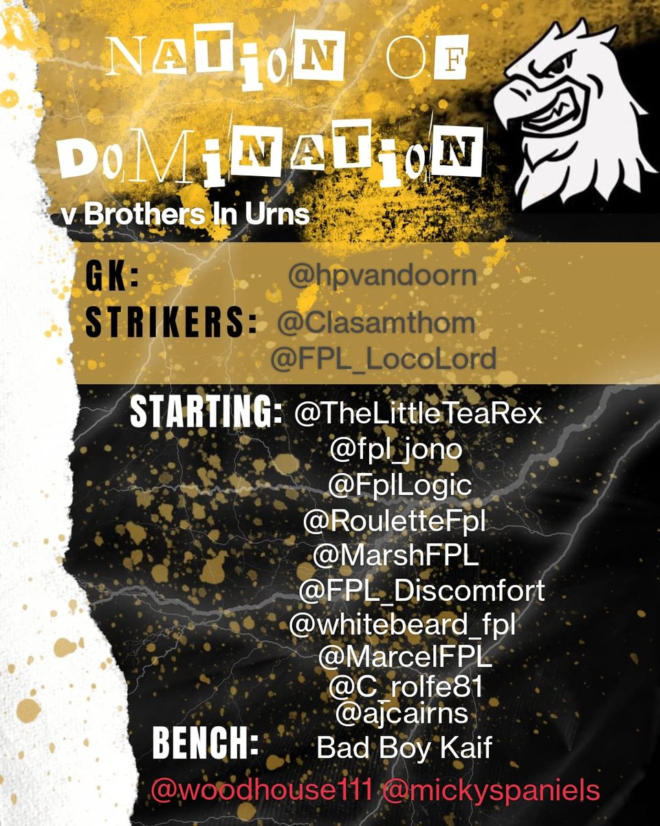 The Nation Of Domination (@dominatefpl) on Twitter photo We play Brothers In Urns this week, while we're looking to go up in the League 2 table!
Can we make it 2 wins in a row? Let's go!!!
#fpl
<a href="/offici/">Noble Rouse</a> We play Brothers In Urns this week, while we're looking to go up in the League 2 table!
Can we make it 2 wins in a row? Let's go!!!
#fpl
<a href="/offici/">Noble Rouse</a>