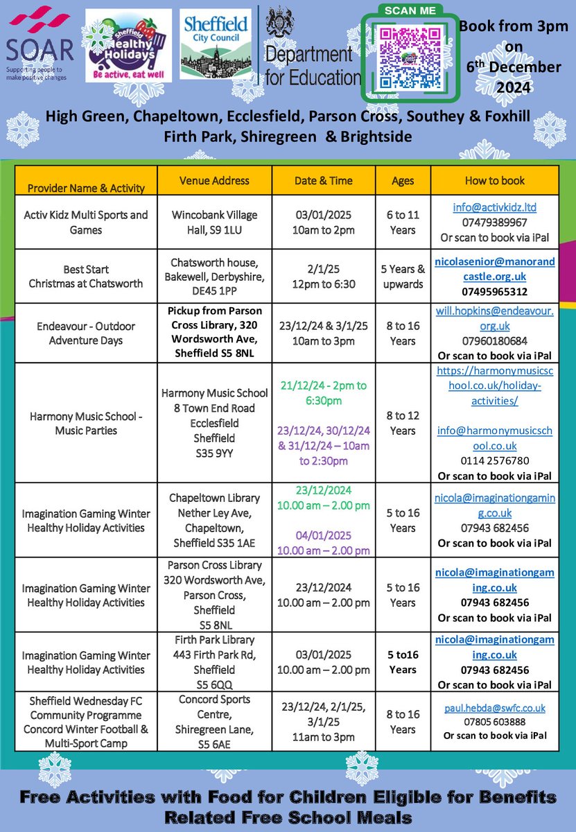 soarcommunity's tweet image. There&apos;s still time to book on FREE activities this winter school holiday! ⛄✨❄️🎄

Head over to the @shefhealthyhols website to see what&apos;s on near you 👉 sheffieldhealthyholidays.org