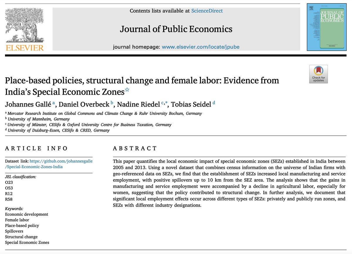 Journal of Public Economics (@jpubecon) on Twitter photo Just published!
"Place-based policies, structural change and female labor: Evidence from India’s Special Economic Zones"
By Johannes Gallé (<a href="/MCC_Berlin/">MCC Berlin</a>), Daniel Overbeck (Mannheim), Nadine Riedel (<a href="/uni_muenster/">Universität Münster</a>), Tobias Seidel (<a href="/unidue/">Uni Duisburg-Essen @unidue.bsky.social</a>) Just published!
"Place-based policies, structural change and female labor: Evidence from India’s Special Economic Zones"
By Johannes Gallé (<a href="/MCC_Berlin/">MCC Berlin</a>), Daniel Overbeck (Mannheim), Nadine Riedel (<a href="/uni_muenster/">Universität Münster</a>), Tobias Seidel (<a href="/unidue/">Uni Duisburg-Essen @unidue.bsky.social</a>)