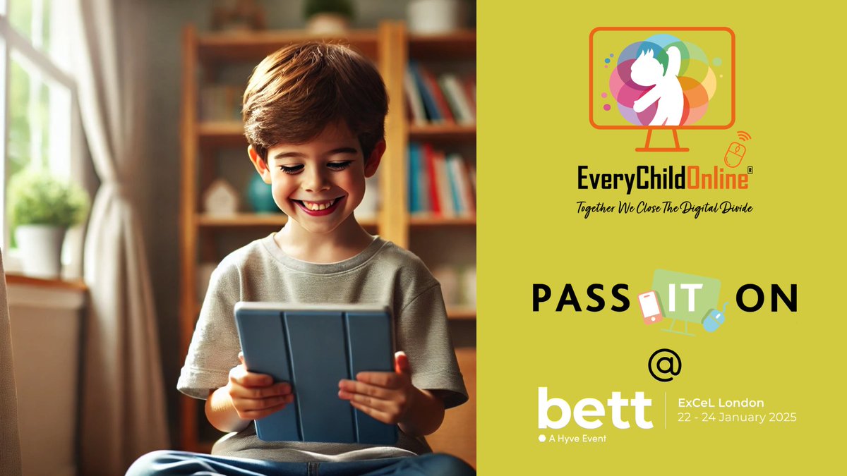 EverychildUK's tweet photo. Empower the next gen! Every Child Online refurbishes tech to support education &amp; creativity. Meet us at #BETTUK2025, Stand NK61, to pledge your surplus tech. Free secure data wiping for donors. Be part of the change! #PassITOn #DigitalInclusion #EdTec https://t.co/z7jRY15re2