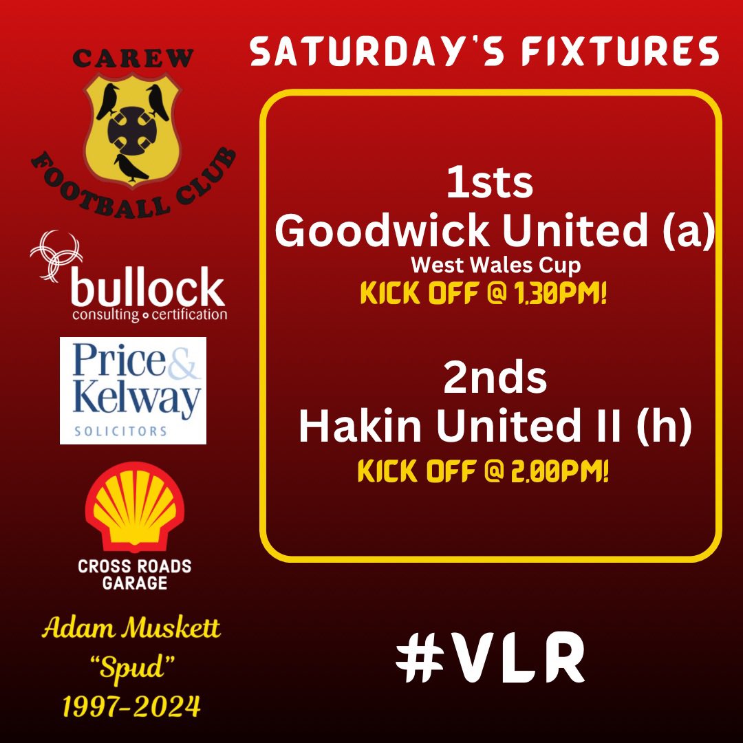 Today’s fixtures ⚽️ 1sts are away in West Wales Cup action and the 2nds finish 2024 at home in the league! Good luck to both teams! 🔴⚫️🟡 #VLR