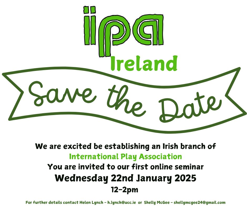 Shelly McGee (@shellymcgee22) on Twitter photo Calling all those in Ireland with an interest in play - a new IRISH branch of the International Play Association is being established on January 22nd
To find out more reach out to H.Lynch@ucc.ie or shellymcgee24@gmail.com
Save the date January 22nd 12 - 2pm 👇
<a href="/helen4play_ucc/">Helen Lynch</a> Calling all those in Ireland with an interest in play - a new IRISH branch of the International Play Association is being established on January 22nd
To find out more reach out to H.Lynch@ucc.ie or shellymcgee24@gmail.com
Save the date January 22nd 12 - 2pm 👇
<a href="/helen4play_ucc/">Helen Lynch</a>
