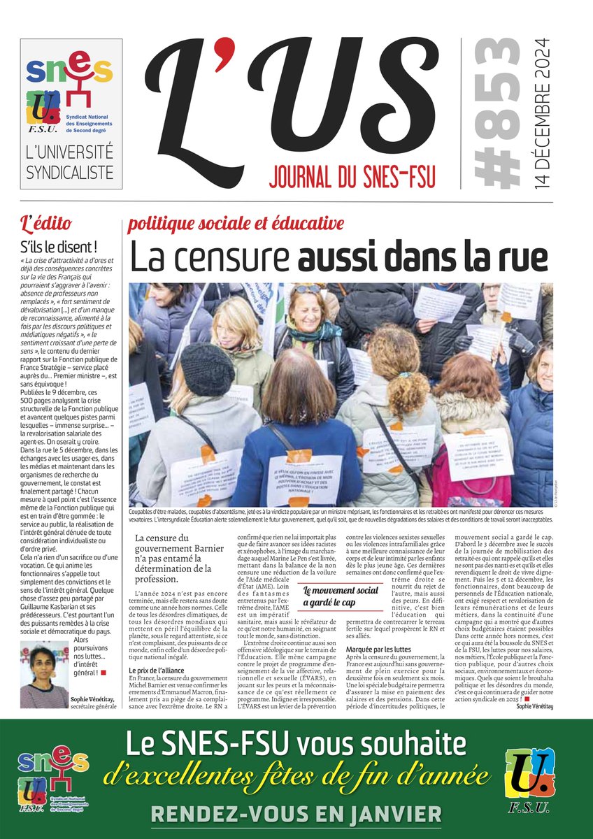 L’US n°853 du 14 décembre 2024 est en ligne.
Au sommaire : Fonction publique, groupes de niveau, orientation, vie  scolaire, écoles privées à l’assaut du public, conditions de travail en  berne… voici quelques thématiques de cette #US853. Bonne lecture !
snes.edu/publications/l…