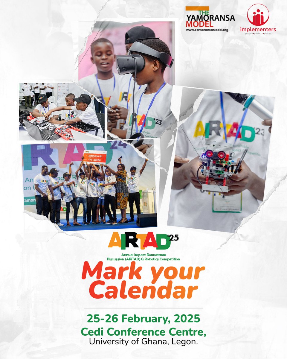 yamoransa_model's tweet photo. 🚀 Save the Date!
AIRTAD 2025 is coming! 🎓🤖
📅 25-26 Feb, 2025
📍 Cedi Conference Centre, UG Legon

Join us for robotics competitions, innovation showcases &amp; impactful discussions! 🔧✨
#AIRTAD2025 #STEAM #Innovation #Robotics #YMLab https://t.co/Vk4jYwKCkv