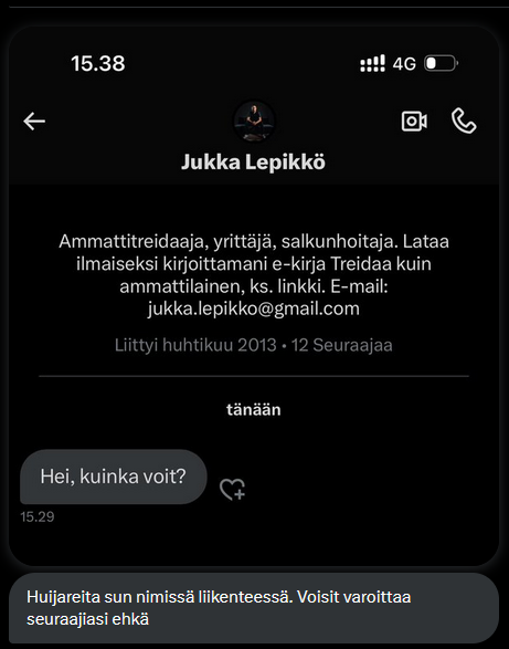 JukkaLepikko's tweet photo. Oon saanut tällä viikolla aivan poikkeuksellisen määrän yksityisviestejä teiltä mua kopioivista X-tileistä, jotka lähestyvät yksityisviesteillä. Älkää missään nimessä menkö lankaan näiden huijareiden kanssa.

Tunnistat huijarin helposti:
- Niillä ei ole sinistä checkmarkia nimen perässä
- Niiden käyttäjänimi ei ole @JukkaLepikko
- Niillä ei ole >29,000 seuraajaa

Mulla ei myöskään ole lainkaan Telegram-tiliä. Sielläkin on mua kopioivia huijaritilejä.