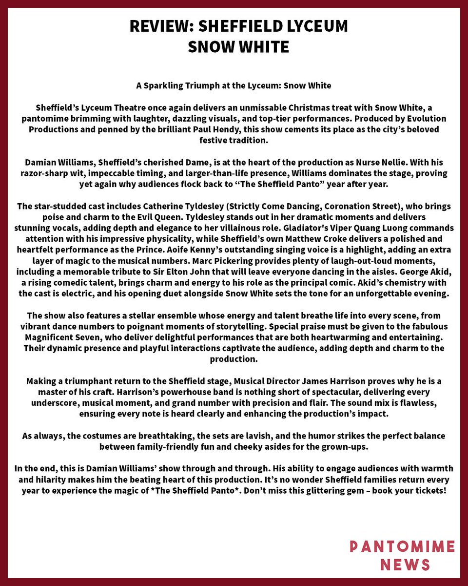 Pantomime News (@pantomimenews) on Twitter photo REVIEW: Snow White <a href="/SheffieldLyceum/">SheffieldLyceum</a> with <a href="/djwilliamsact/">Damian Williams</a> <a href="/Cath_Tyldesley/">Catherine Tyldesley 💙</a> <a href="/georgeakid/">George Akid</a> <a href="/JamesHarrisonMD/">James Harrison</a> <a href="/EvolutionProdUK/">Evolution Productions</a> <a href="/tomwbird/">Tom Bird</a> #panto #pantomimenews #pantomime REVIEW: Snow White <a href="/SheffieldLyceum/">SheffieldLyceum</a> with <a href="/djwilliamsact/">Damian Williams</a> <a href="/Cath_Tyldesley/">Catherine Tyldesley 💙</a> <a href="/georgeakid/">George Akid</a> <a href="/JamesHarrisonMD/">James Harrison</a> <a href="/EvolutionProdUK/">Evolution Productions</a> <a href="/tomwbird/">Tom Bird</a> #panto #pantomimenews #pantomime