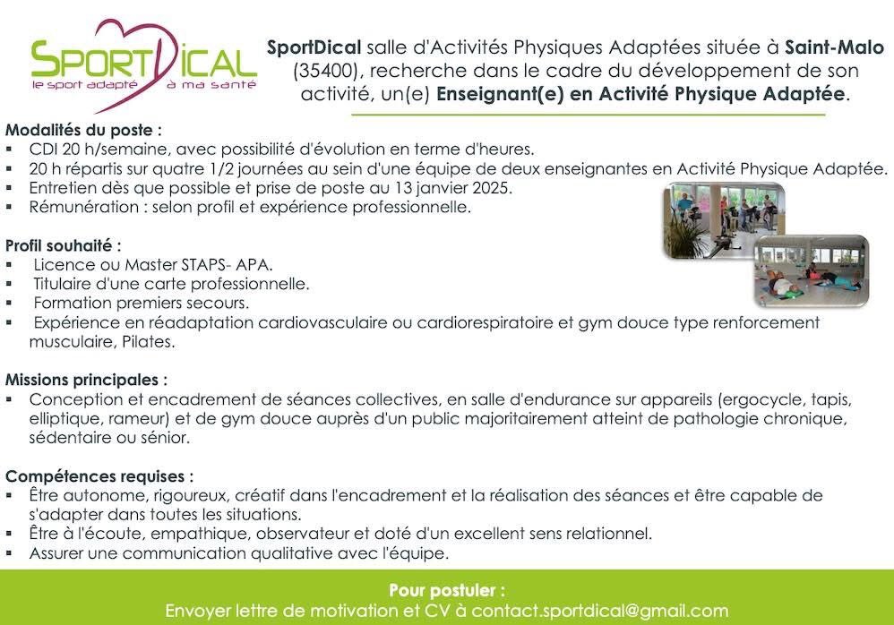 Dans le cadre du développement de son activité, <a href="/SportDical/">SportDical</a> salle d'Activités Physiques Adaptées située à Saint Malo (35) recrute un(e) Enseignant(e) en Activité Physique Adaptée formation #stapsAPA pour un CDI 20 h/semaine. #EAPAS #saintmalo
sportdical.fr
Plus d'infos
