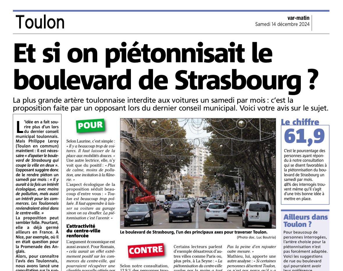 Faut-il rendre piéton le boulevard de Strasbourg à Toulon une fois par mois, comme c'est le cas pour la Corniche à Marseille ? <a href="/Var_Matin/">Var-matin</a> et <a href="/amandroussel/">Amandine Roussel</a> vous ont posé la question. À lire dans votre journal aujourd'hui