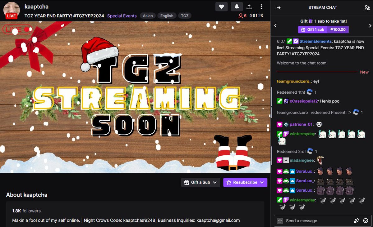 "Happening now! TGZ Year-End Party timeeeee!  Sali na kayo guys!  Live at twitch.tv/kaaptcha":

USE OUR HASHTAG #TGZYEP2024HAKDUG and get a chance to win a prize later!