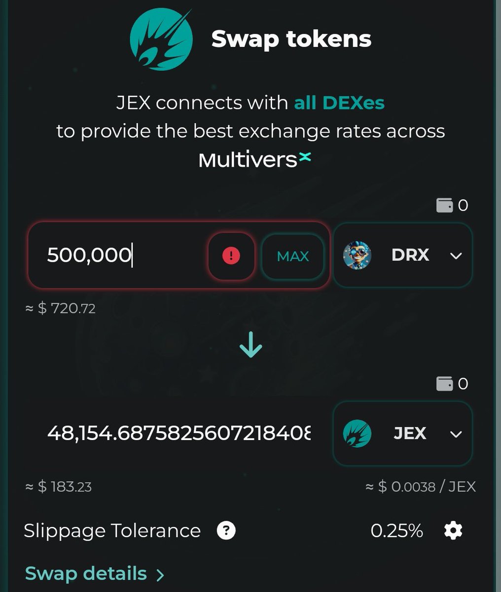 Hey $DRX Fam 👋 

Do you know you can swap your $DRX to $EGLD Or $DRX to $JEX in Xportal App before listing 17th of Dec 👀😶‍🌫

500,000 $DRX shown = $720 👀🔥
Are you going to swap?? 🥶

To swap:
- Go to Xportal App
- Open Discover section
- Open JexExchange Defi
- Now search