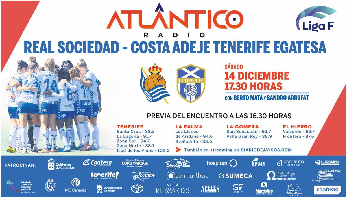 🚨¡𝗠𝗔𝗧𝗖𝗛 𝗗𝗔𝗬!🚨

⚽️ <a href="/RealSociedadFEM/">Real Sociedad Femenino</a> - @UDCATenerife 

🏟️ Zubieta 
⏰ 17:30h (16:30h. en directo)
🗓️ Jornada 13, <a href="/LigaF_oficial/">Liga F</a> 

🎙️ <a href="/sandroarrufat/">Sandro Arrufat</a>  
🎤 <a href="/GaraGarciaM/">Gara García</a>
🗣️ <a href="/Javidelgado1977/">Javi Delgado</a> 

📻<a href="/atlantico_radio/">Atlántico Radio</a> 
📲 APP y TDT
💻 diariodeavisos.com 
📩 651 37 37 37