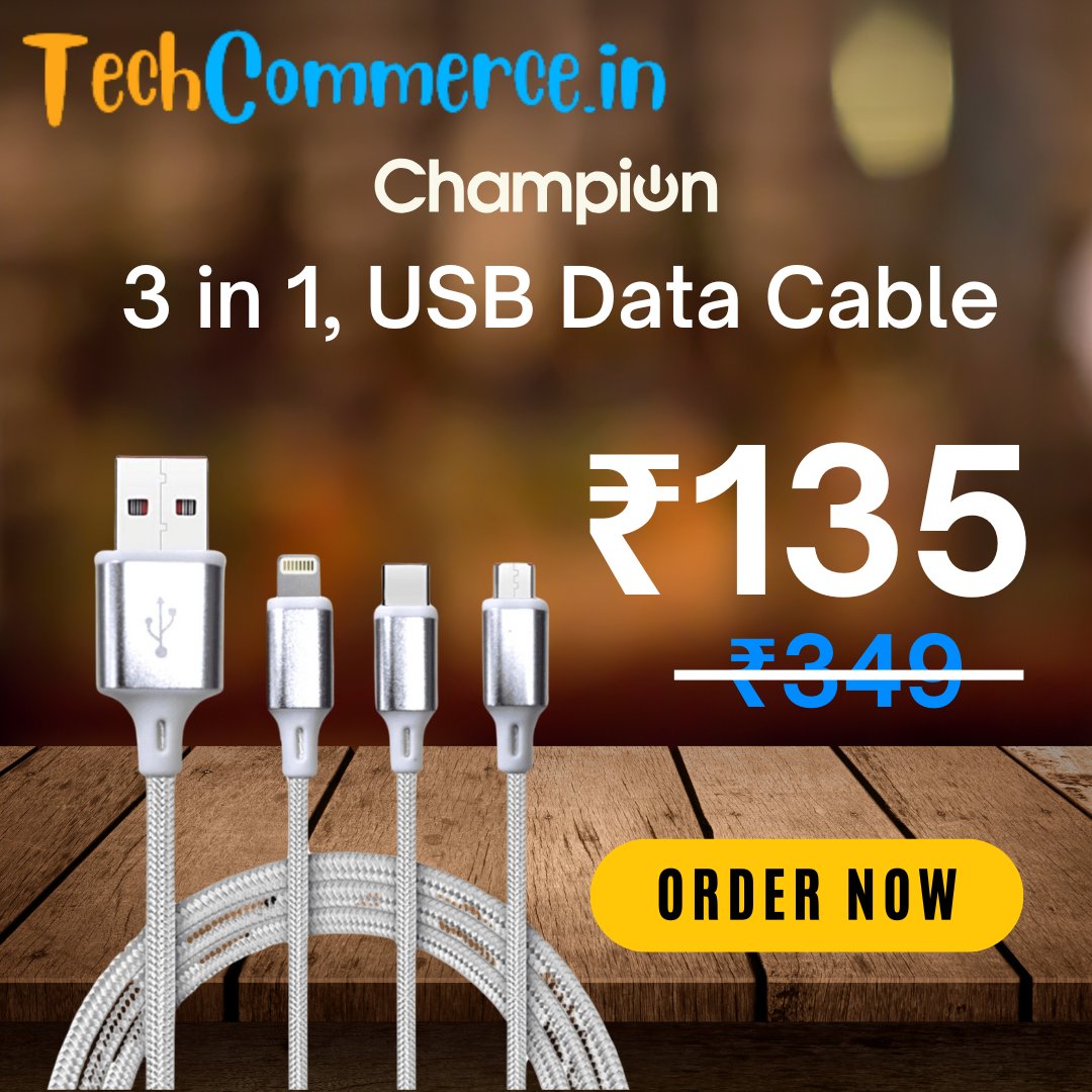 Techcommerce2's tweet image. Champion 3 in 1, USB Data Cable 2.4Amp Braided with Micro USB ,Type-C, Lightning Port
Click to buy now - shorturl.at/ZbJVL
#ChampionCable #3in1Cable #USBDataCable #MultiPurposeCable #UniversalChargingCable #FastCharging #2Point4AmpCable #BraidedCable #DurableDataCable