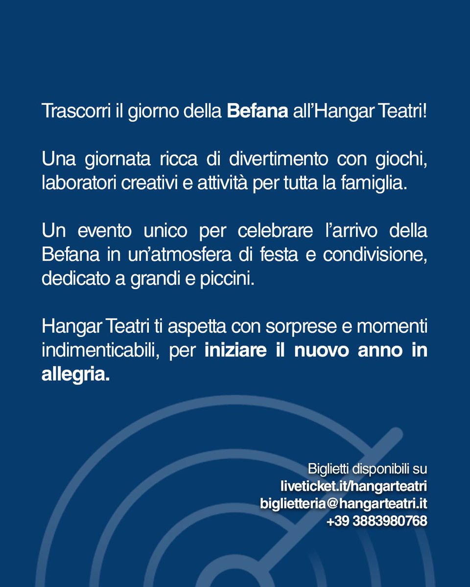 Hangar Teatri Trieste (@hteatri) on Twitter photo ๐ญ๐๐ฝ๐ถ๐ณ๐ฎ๐ป๐ถ๐ฎ ๐ถ๐ป ๐ณ๐ฒ๐๐๐ฎ๐ญ
Una mattinata ricca di divertimento e laboratori creativi per tutta la famiglia!
๐Lunedรฌ 6 gennaio ore 11:00
๐Hangar Teatri
๐ซBiglietti su liveticket.it/hangarteatri | biglietteria@hangarteatri.it | +39 3883980768 ๐ญ๐๐ฝ๐ถ๐ณ๐ฎ๐ป๐ถ๐ฎ ๐ถ๐ป ๐ณ๐ฒ๐๐๐ฎ๐ญ
Una mattinata ricca di divertimento e laboratori creativi per tutta la famiglia!
๐Lunedรฌ 6 gennaio ore 11:00
๐Hangar Teatri
๐ซBiglietti su liveticket.it/hangarteatri | biglietteria@hangarteatri.it | +39 3883980768