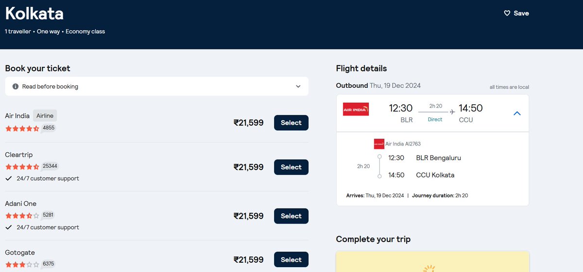tarunghorui's tweet photo. @airindia Chennai to Kolkata via Bangalore is 7K but same flight from Bangalore to Kolkata is 21K. India need Air fare regulations. @PMOIndia https://t.co/rtlojev5jv
