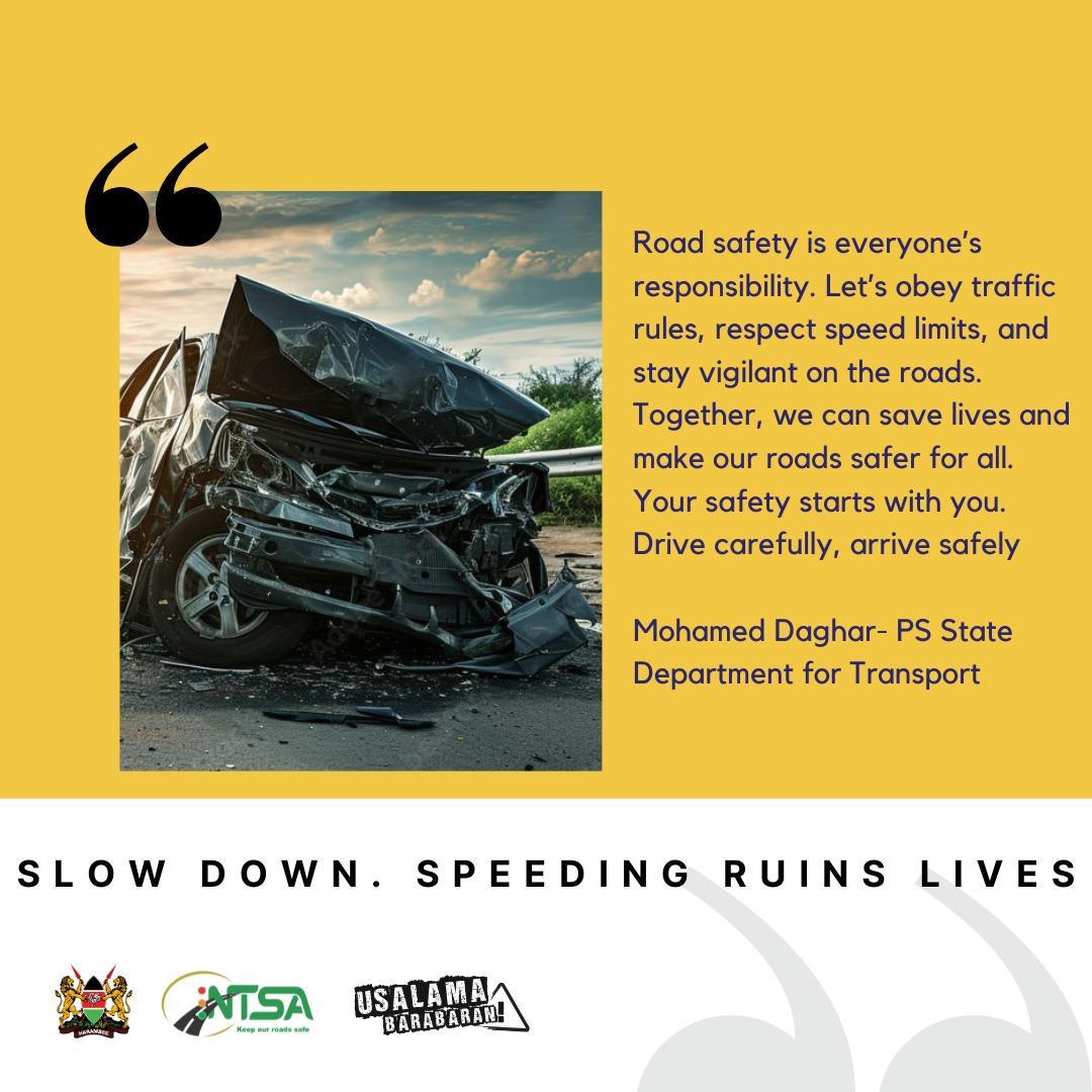 SDoT_Kenya's tweet photo. SPEED RUINS LIVES.
Road safety is everyone's responsibility. Let's obey traffic rules, respect speed limits, and stay vigilant on the roads. Together, we can save lives and make our roads safer for all. Your safety starts with you. Drive Carefully, arrive safely. @mohamed_daghar https://t.co/7uTTGoxWg3