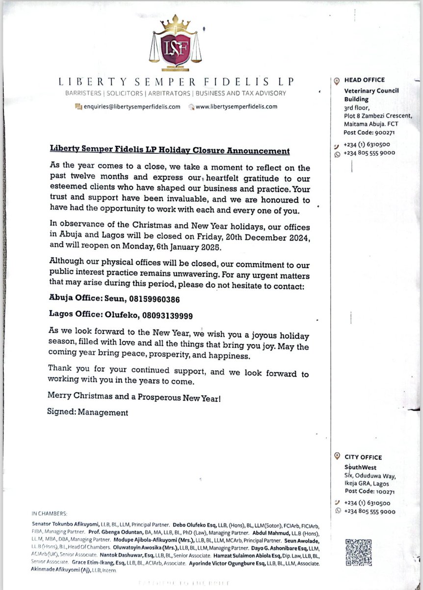 Liberty Semper Fidelis LP Holiday Closure Announcement

As the year comes to a close, we take a moment to reflect on the past twelve months and express our heartfelt gratitude to our esteemed clients who have shaped our business and practice.