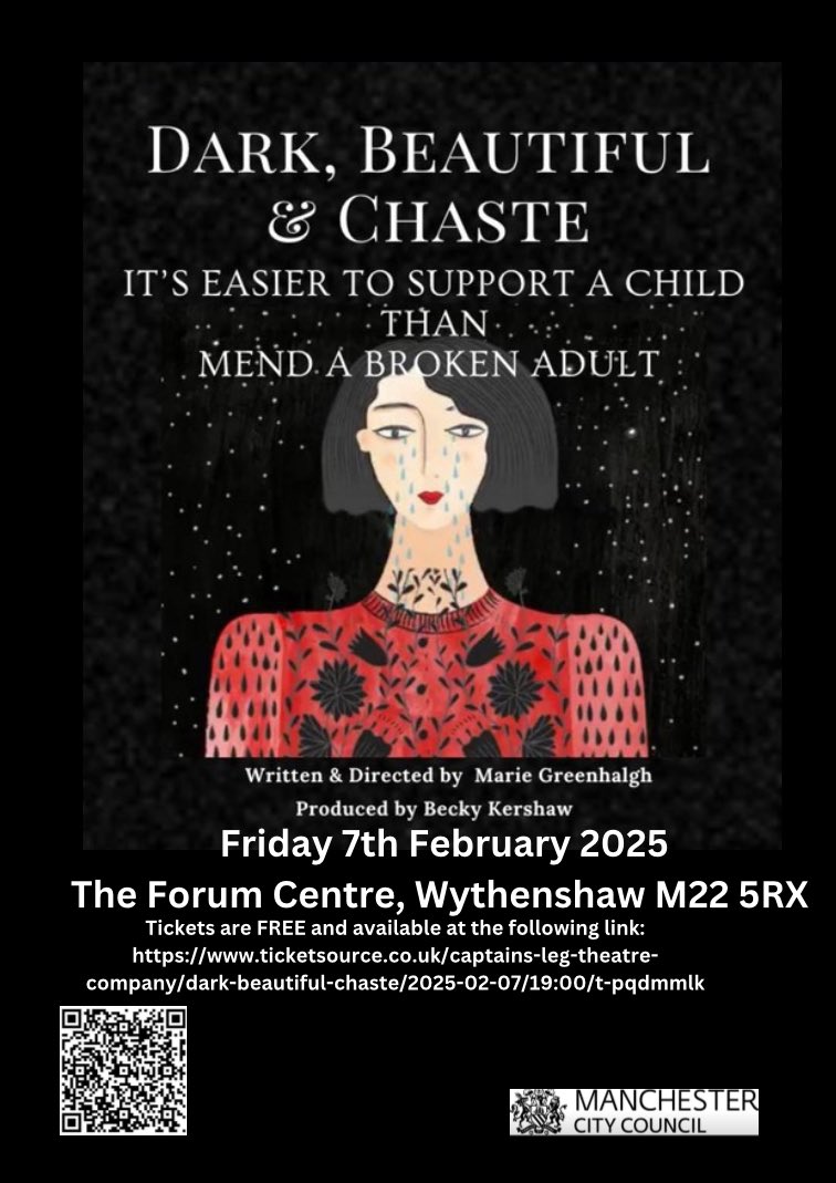 Becky Kershaw (@beckykershaw) on Twitter photo 🎭Dark, Beautiful & Chaste, written by the brilliant <a href="/6decadesandmore/">Marie Greenhalgh</a> is heading to the stage on 7th February in Wythenshawe!A powerful story based on women’s real life stories brought to life in an intimate rehearsed reading. Tickets are FREE! #theatre
ticketsource.co.uk/captains-leg-t… 🎭Dark, Beautiful & Chaste, written by the brilliant <a href="/6decadesandmore/">Marie Greenhalgh</a> is heading to the stage on 7th February in Wythenshawe!A powerful story based on women’s real life stories brought to life in an intimate rehearsed reading. Tickets are FREE! #theatre
ticketsource.co.uk/captains-leg-t…