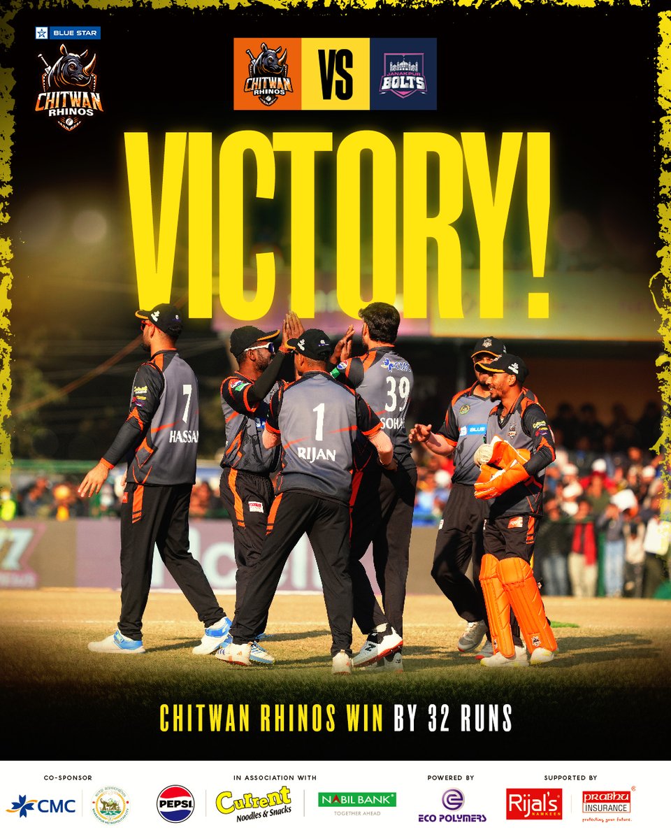 chitwan_rhinos's tweet photo. 𝐂𝐡𝐚𝐫𝐠𝐢𝐧𝐠 𝐭𝐨 𝐕𝐢𝐜𝐭𝐨𝐫𝐲🤩

Chitwan Rhinos edge out Janakpur Bolts in a thriller💪🦏

#ChitwanRhinos #BlueStar #KheldaiChaGaida #NepalCricket #SBLNPL2024 #FearTheCharge https://t.co/NdekeIKbzS