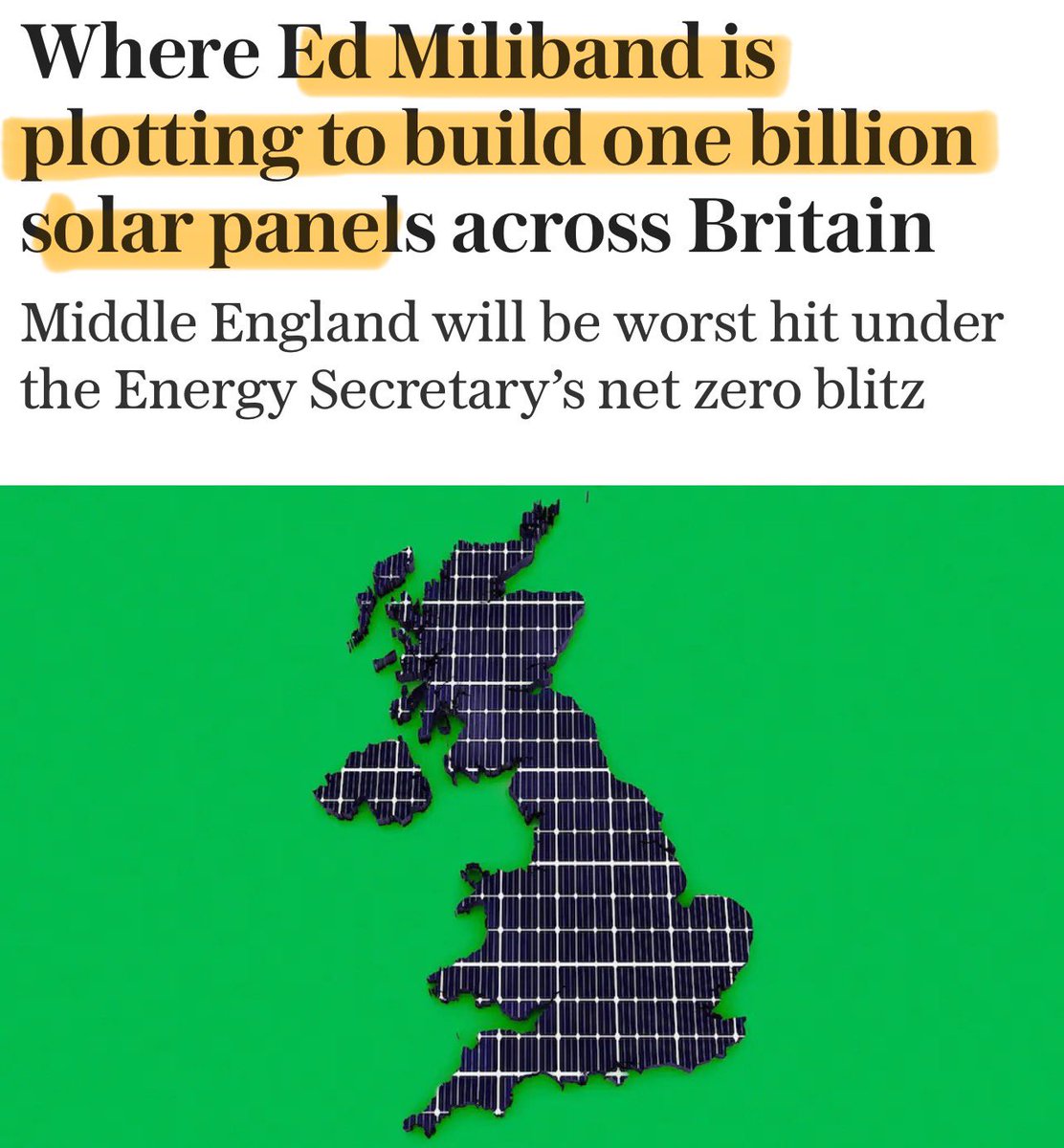 SOLAR - Ed Miliband plans 1 BILLION solar panels across the UK, with the majority on English and Welsh farmland.

This is economically unviable, technically unviable and devastating environmentally.

He is a lunatic 🤡
