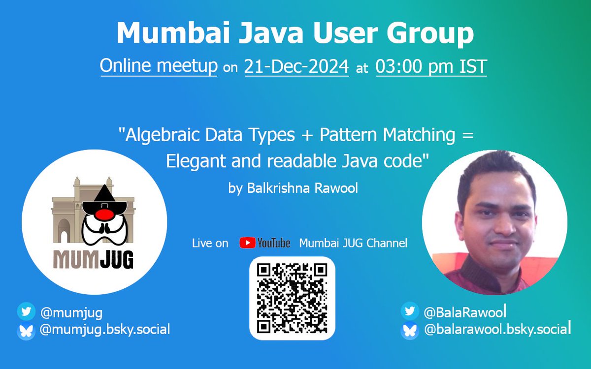 Hi All, We are organizing an interesting session on "Algebraic Data Type + Patten Matching = Elegant and Readable Java Code" by Balkrishna Rawool on Sat Dec 21, 2024 at 3:00 PM IST. Live youtube link: youtube.com/watch?v=ttUpdA…