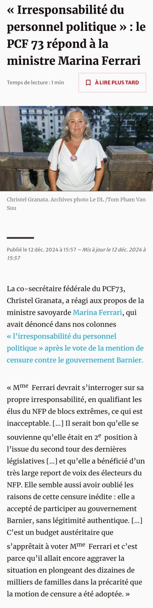 73PCF's tweet image. Merci au @ledauphine pour ce droit de réponse fait à la ministre démissionnaire savoyarde