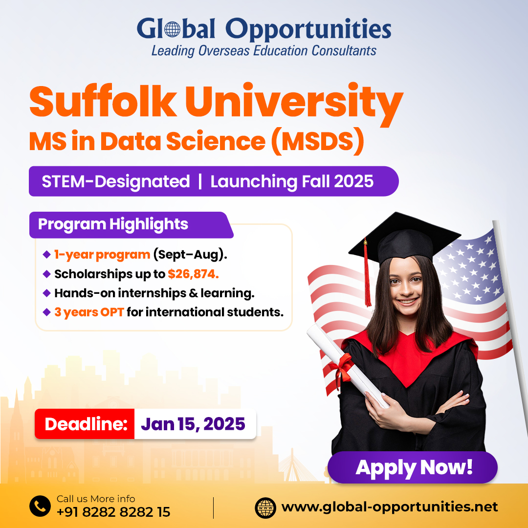 studyabroadhelp's tweet image. Study MS in Data Science at Suffolk University, USA! 1-Year STEM program with scholarships up to $26,874 & 3 years OPT. 📅 Apply by Jan 15, 2025. 📞 +91 8282 8282 15 | 🌐 global-opportunities.net #StudyInUSA #DataScienceMasters #STEMPrograms