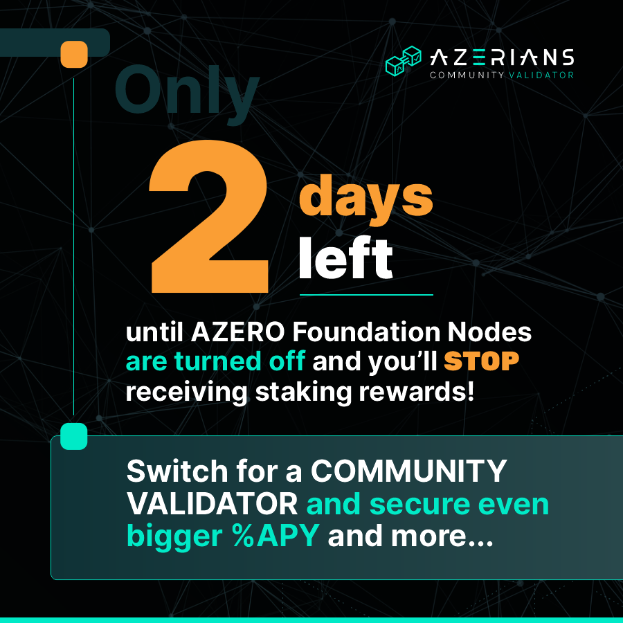 ⁉️ Did you know that 42% $AZERO Nominators are still staking with the AZERO FOUNDATION NODES? If they don’t switch to a community validator, 2 417 <a href="/Aleph__Zero/">Aleph Zero</a> network nominators will see their APY drop to ZERO on December 16th, when most foundation nodes are deactivated as part