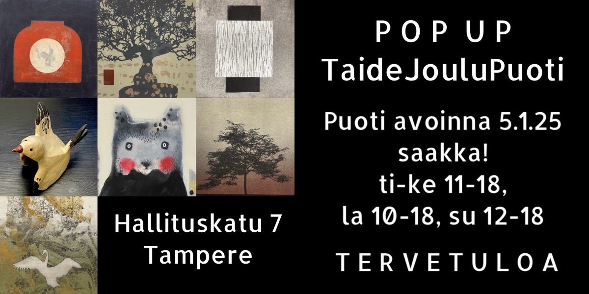 Hei <a href="/Radio957/">Radio 957</a> ♥️
Tässä tavallista mediaseksikkäämpi Menovinkki! Täräyttävä Taide POP UP Joulupuoti Tampereella! Täällä on uniikki meininki ja taiteilijat itse paikalla halusit tai et. Lahjoja heille, jolla on jo kaikkea mutta ei mitään seinillä! Hallituskatu 7, Tre