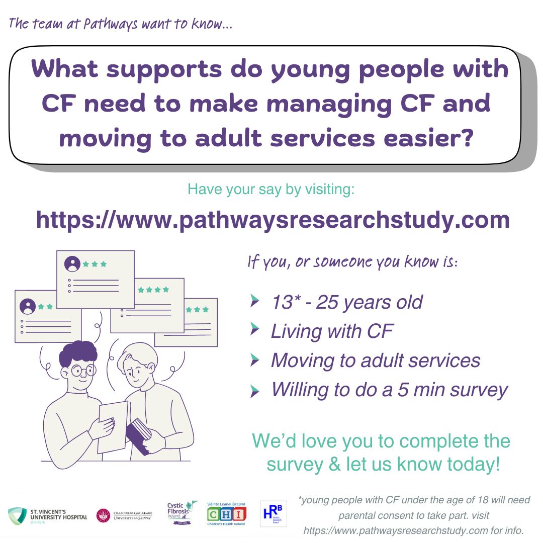 CF Ireland (@cf_ireland) on Twitter photo Calling all young people with CF, ages 13* ā 25 to complete the Pathways Research Survey! <a href="/uniofgalway/">Ollscoil na Gaillimhe | University of Galway</a>, CFI & the CF clinical teams at CHI are running a study to discover what supports you need to make managing CF and moving to adult services easier. buff.ly/4eoeumE Calling all young people with CF, ages 13* ā 25 to complete the Pathways Research Survey! <a href="/uniofgalway/">Ollscoil na Gaillimhe | University of Galway</a>, CFI & the CF clinical teams at CHI are running a study to discover what supports you need to make managing CF and moving to adult services easier. buff.ly/4eoeumE