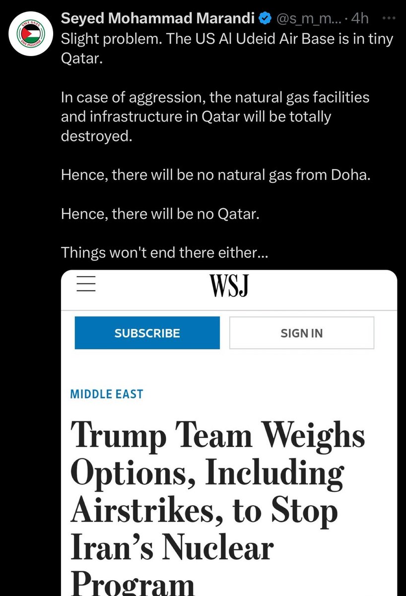AliBakeer's tweet photo. 🇶🇦🇹🇷🇮🇷 A former notorious member of the #IRGC & ex-advisor to #Iran’s nuclear negotiating team, #Marandi, has issued threats to destroy #Qatar's energy facilities and wipeout the #Arab_Gulf Emirate if #Trump decides to bomb #Iran's #nuclear sites.

Additionally, he is inciting hostility towards #Türkiye, its people, and President #Erdoğan, following the successful efforts of the #Syrian people to overthrow #Iran's ally, the brutal #Assad regime.

It is noteworthy that he is a frequent guest on @AJEnglish /@AJArabic . It would be great to host him now and ask him about his statement.