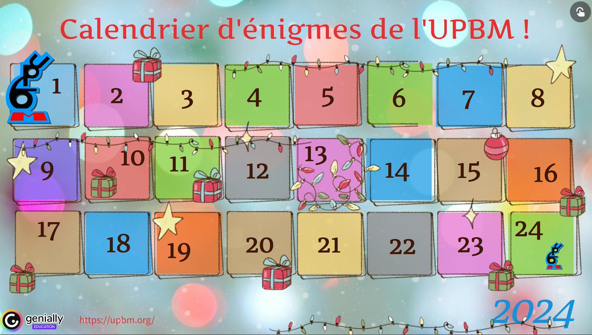 Jeu concours "Calendrier d'énigmes de l'UPBM" !
Prêt(e) à relever le défi ? Alors rendez-vous ici : view.genially.com/6756fe0afdb575…
Bon courage ! #EnigmesUPBM