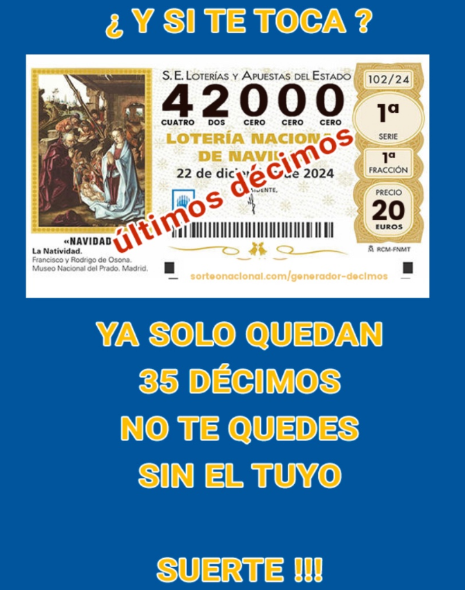 LOTERÍA DE NAVIDAD
Adquiere tu décimo de lotería y ayudarás mucho al crecimiento + desarrollo de nuestra cuenta. De manera intuitiva y sencilla!! Este año toca!!

servicios.diadesuerte.es/Web_2_0/loteri…