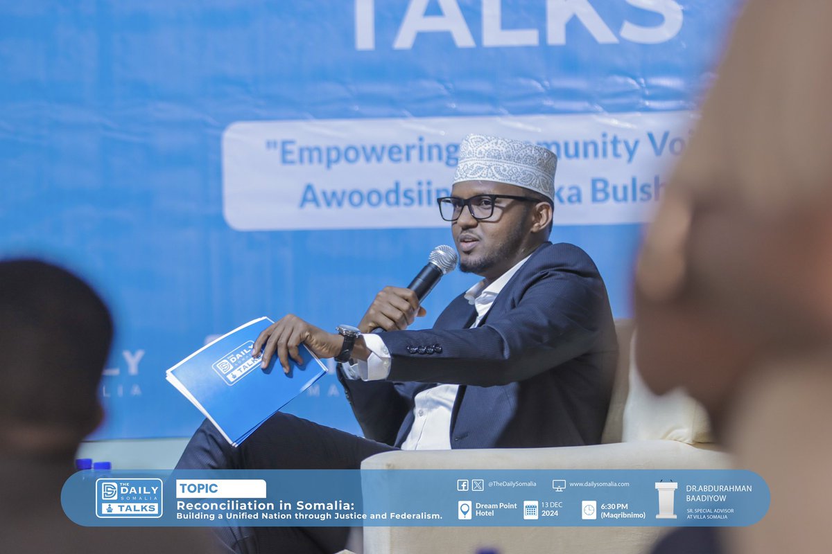 TheDailySomalia's tweet photo. Last night, we hosted @TheDailySomalia Talks featuring @DrBaadiyow; renowned scholar/activist, co-founder and chair of @MogUniver, and special advisor at @TheVillaSomalia. The discussion centered on “Reconciliation in #Somalia: Advancing Unity through Justice and Federalism.” https://t.co/MDXRfzSW52