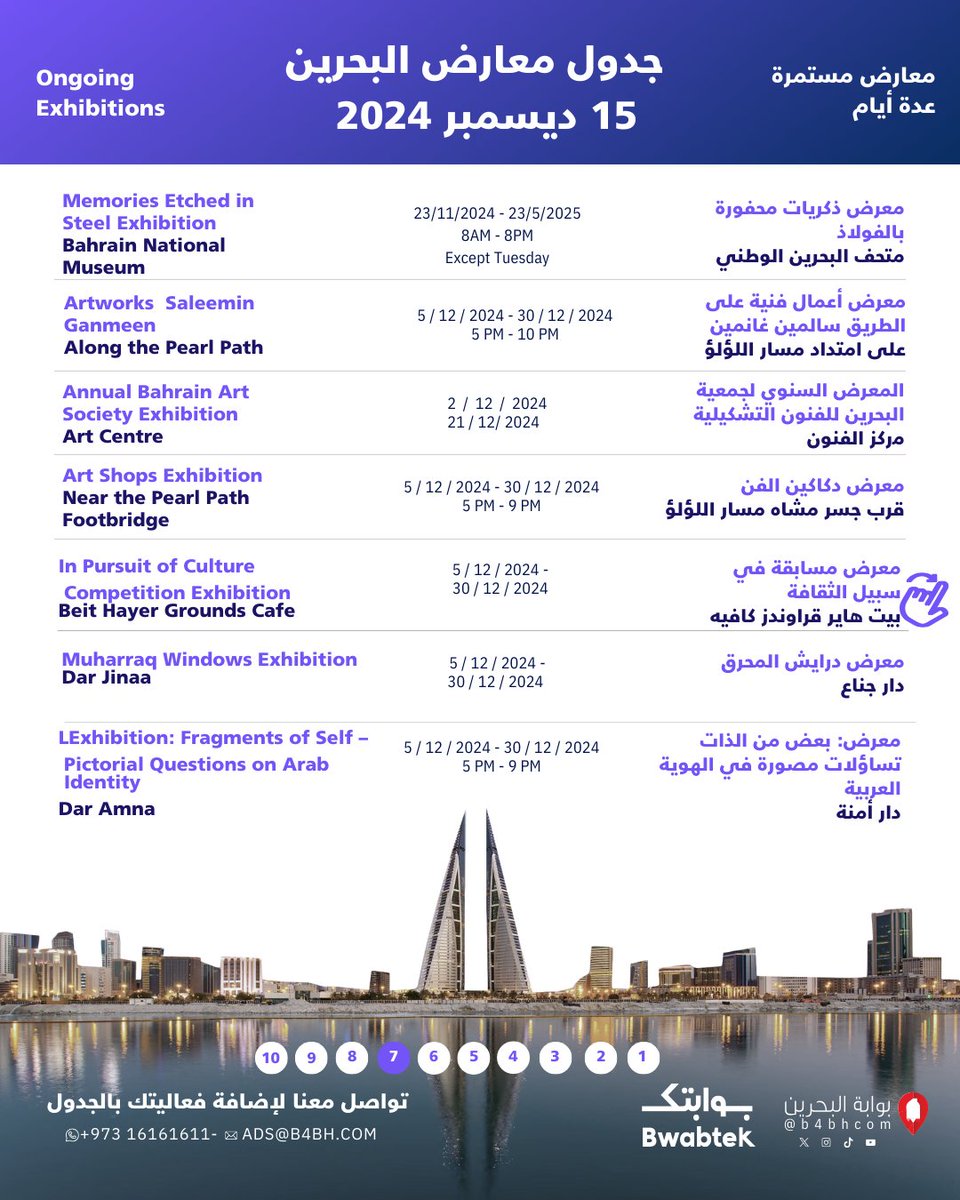 Bwabtek's tweet photo. #Bahrain_Events 15/12/2024 As always, we continue to provide you with the largest daily,weekly, and monthly schedule of events, workshops, and exhibitions in #Bahrain Stay tuned for updates on additional activities #السياحة_في_البحرين #اليوم_الوطني_البحريني #العيد_الوطني_البحريني https://t.co/bLGnH0xkiY