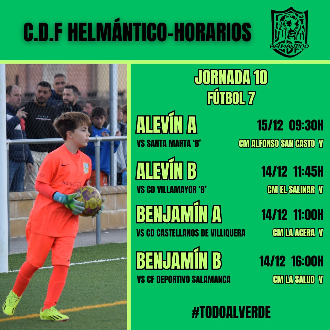 CDFHelmantico's tweet photo. ¡Se acerca la Jornada 10! 💚⚽️ Prepárate para una nueva jornada llena de esfuerzo, emoción y pasión en el campo. ¡Nuestros equipos están listos para darlo todo!
#TodoAlVerde #VamosVerdes #Helmántico https://t.co/CjQcM7Mofj