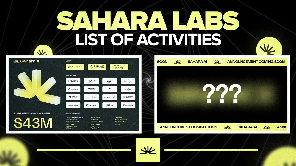 Ronin (@deronin_) on Twitter photo Full List of Activities in Sahara Labs ($43M) 🪂
Don't want to waste much time, all activities are FREE & will take 5 mins
<a href="/SaharaLabsAI/">Sahara AI</a> is a decentralized AI network which raised $43M from <a href="/BinanceLabs/">Yzi Labs</a>, <a href="/PanteraCapital/">Pantera Capital</a>, <a href="/sequoia/">Sequoia Capital</a> and other Tier 1 VCs
Recently, they've launched Full List of Activities in Sahara Labs ($43M) 🪂
Don't want to waste much time, all activities are FREE & will take 5 mins
<a href="/SaharaLabsAI/">Sahara AI</a> is a decentralized AI network which raised $43M from <a href="/BinanceLabs/">Yzi Labs</a>, <a href="/PanteraCapital/">Pantera Capital</a>, <a href="/sequoia/">Sequoia Capital</a> and other Tier 1 VCs
Recently, they've launched
