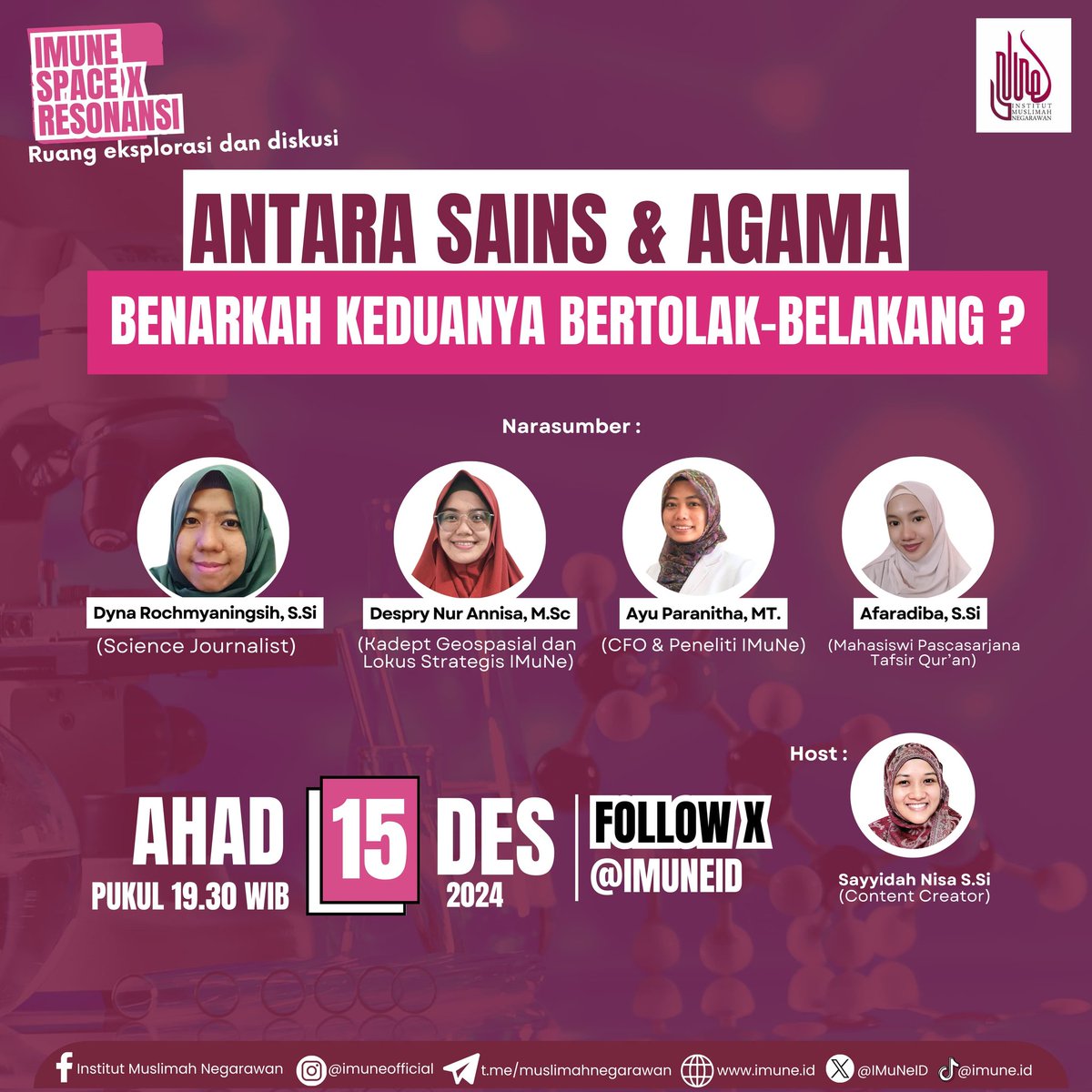 IMuNeID's tweet photo. *🎤IMuNe Space X Resonansi #3*

Diskursus tentang hubungan sains dan agama akhir-akhir ini mencuat di sosial media. Keduanya dianggap tidak sejalan. Muncul pula polarisasi di tengah umat, “Sains tidak berguna untuk akhirat” di sisi lain ada yang berkata, https://t.co/saVc8lNShw