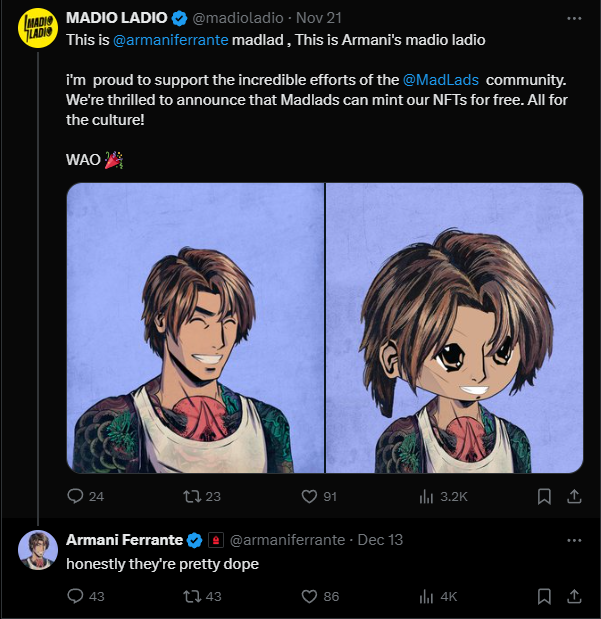 The last 24 hours were absolutely insane.
<a href="/madioladio/">MADIO LADIO</a> is buzzing with over 1K pending collabs and even acknowledge by <a href="/armaniferrante/">Armani Ferrante</a> the founder of <a href="/MadLads/">Mad Lads</a> 🎒 Armani effect? 

Huge thanks to <a href="/madioladio/">MADIO LADIO</a> for the amazing work and sleepless nights creating honoraries.