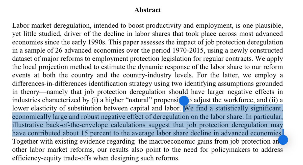 shaahin_a's tweet photo. IMF researchers again discovered PK findings with a 50-year delay:

"We find a statistically significant, economically large and robust negative effect of deregulation on the labor share. " https://t.co/lDzl8enk0t