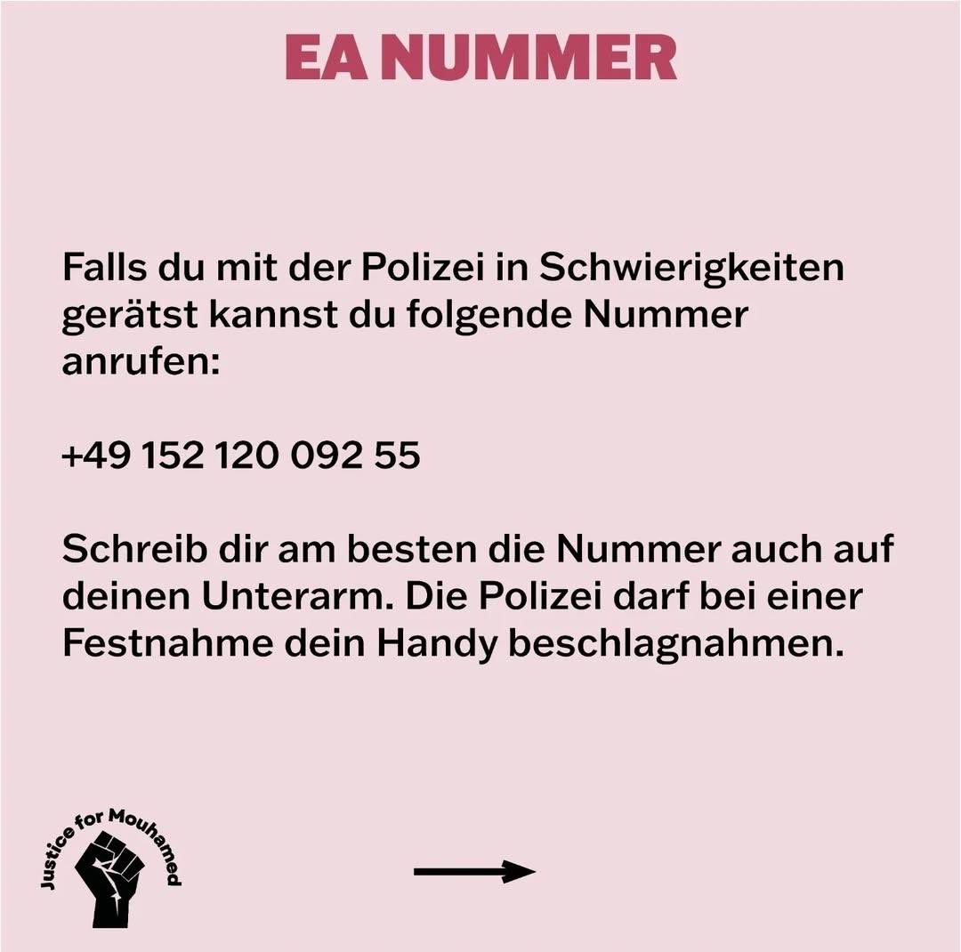 Last Call!

Heute ist die Demo zum Prozessende. Treffpunkt ist um 13:12 Uhr an den Katharinentreppen. Die EA-Nummer für heute lautet +4915212009255. Alle auf die Straße! #justice4mouhamed #Dortmund